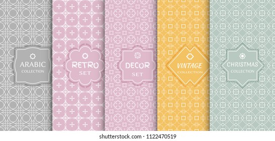 Set of seamless line patterns, colored background. Stylish decorative vintage, retro, arabic, christmas label decor set. Abstract geometric frame, vector illustration. Art Deco style, light colors
