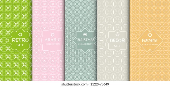 Set of seamless line patterns, colored background. Stylish decorative vintage, retro, arabic, christmas label decor set. Abstract geometric frame, vector illustration. Art Deco style, light colors
