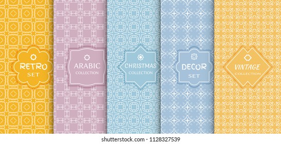 Set of seamless line patterns, colored background. Stylish decorative vintage, retro, arabic, christmas label decor set. Abstract geometric frame, vector illustration. Art Deco style, light colors