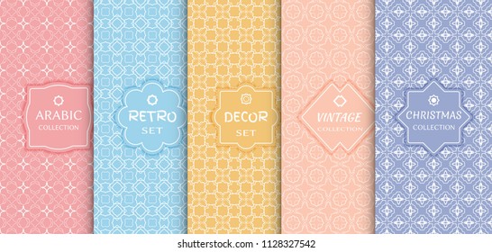 Set of seamless line patterns, colored background. Stylish decorative vintage, retro, arabic, christmas label decor set. Abstract geometric frame, vector illustration. Art Deco style, light colors