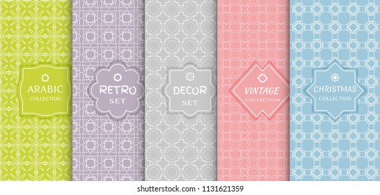 Set of seamless line patterns, colored background. Stylish decorative vintage, retro, arabic, christmas label decor set. Abstract geometric frame, vector illustration. Art Deco style, light colors