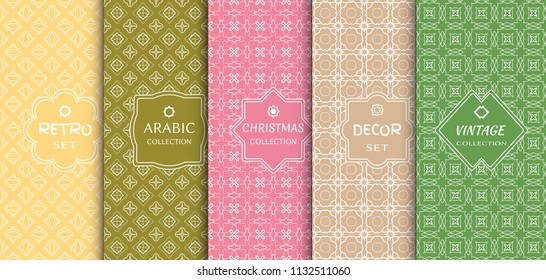 Set of seamless line patterns, colored background. Stylish decorative vintage, retro, arabic, christmas label decor set. Abstract geometric frame, vector illustration. Art Deco style, light colors