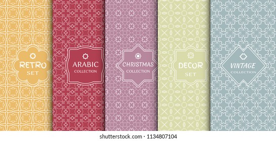 Set of seamless line patterns, colored background. Stylish decorative vintage, retro, arabic, christmas label decor set. Abstract geometric frame, vector illustration. Art Deco style, light colors