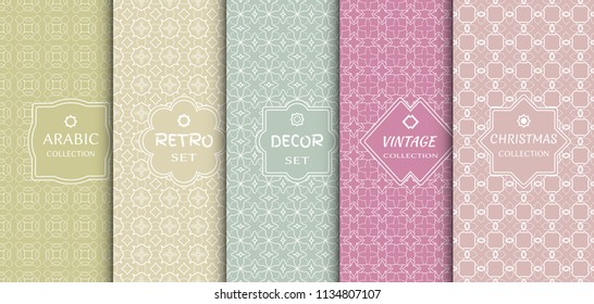 Set of seamless line patterns, colored background. Stylish decorative vintage, retro, arabic, christmas label decor set. Abstract geometric frame, vector illustration. Art Deco style, light colors