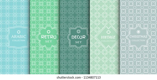 Set of seamless line patterns, colored background. Stylish decorative vintage, retro, arabic, christmas label decor set. Abstract geometric frame, vector illustration. Art Deco style, light colors