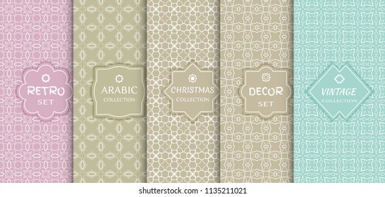Set of seamless line patterns, colored background. Stylish decorative vintage, retro, arabic, christmas label decor set. Abstract geometric frame, vector illustration. Art Deco style, light colors
