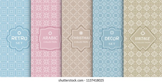 Set of seamless line patterns, colored background. Stylish decorative vintage, retro, arabic, christmas label decor set. Abstract geometric frame, vector illustration. Art Deco style, light colors