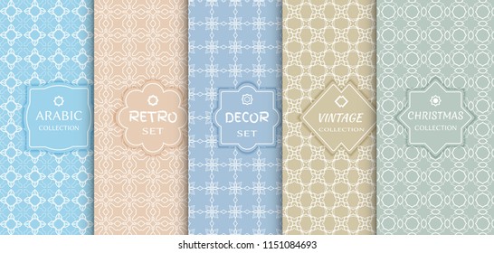 Set of seamless line patterns, colored background. Stylish decorative vintage, retro, arabic, christmas label decor set. Abstract geometric frame, vector illustration. Art Deco style, light colors