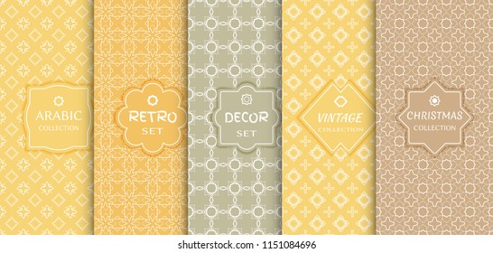 Set of seamless line patterns, colored background. Stylish decorative vintage, retro, arabic, christmas label decor set. Abstract geometric frame, vector illustration. Art Deco style, light colors