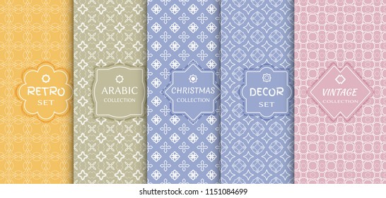 Set of seamless line patterns, colored background. Stylish decorative vintage, retro, arabic, christmas label decor set. Abstract geometric frame, vector illustration. Art Deco style, light colors