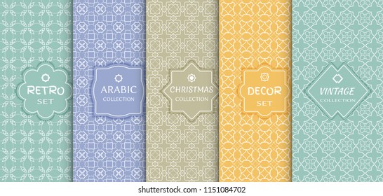 Set of seamless line patterns, colored background. Stylish decorative vintage, retro, arabic, christmas label decor set. Abstract geometric frame, vector illustration. Art Deco style, light colors