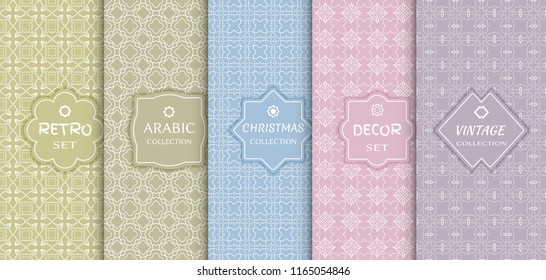 Set of seamless line patterns, colored background. Stylish decorative vintage, retro, arabic, christmas label decor set. Abstract geometric frame, vector illustration. Art Deco style, light colors