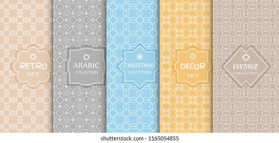 Set of seamless line patterns, colored background. Stylish decorative vintage, retro, arabic, christmas label decor set. Abstract geometric frame, vector illustration. Art Deco style, light colors