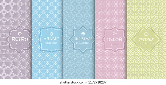 Set of seamless line patterns, colored background. Stylish decorative vintage, retro, arabic, christmas label decor set. Abstract geometric frame, vector illustration. Art Deco style, light colors