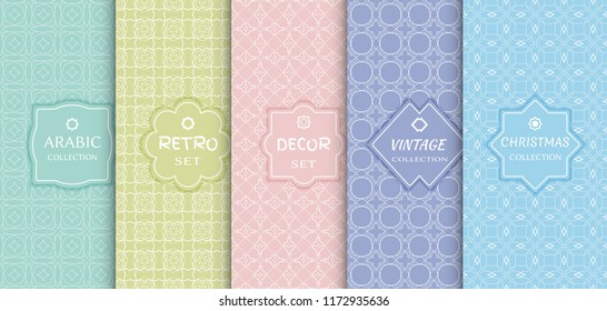 Set of seamless line patterns, colored background. Stylish decorative vintage, retro, arabic, christmas label decor set. Abstract geometric frame, vector illustration. Art Deco style, light colors