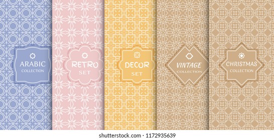 Set of seamless line patterns, colored background. Stylish decorative vintage, retro, arabic, christmas label decor set. Abstract geometric frame, vector illustration. Art Deco style, light colors