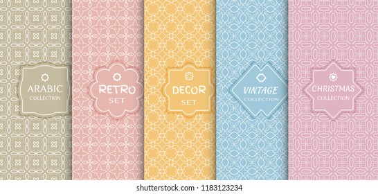 Set of seamless line patterns, colored background. Stylish decorative vintage, retro, arabic, christmas label decor set. Abstract geometric frame, vector illustration. Art Deco style, light colors