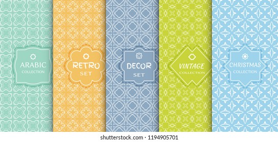 Set of seamless line patterns, colored background. Stylish decorative vintage, retro, arabic, christmas label decor set. Abstract geometric frame, vector illustration. Art Deco style, light colors