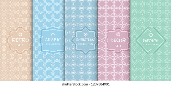 Set of seamless line patterns, colored background. Stylish decorative vintage, retro, arabic, christmas label decor set. Abstract geometric frame, vector illustration. Art Deco style, light colors
