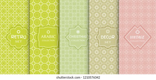 Set of seamless line patterns, colored background. Stylish decorative vintage, retro, arabic, christmas label decor set. Abstract geometric frame, vector illustration. Art Deco style, light colors