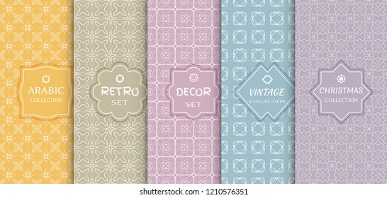 Set of seamless line patterns, colored background. Stylish decorative vintage, retro, arabic, christmas label decor set. Abstract geometric frame, vector illustration. Art Deco style, light colors