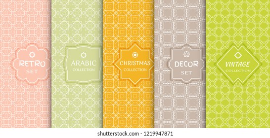 Set of seamless line patterns, colored background. Stylish decorative vintage, retro, arabic, christmas label decor set. Abstract geometric frame, vector illustration. Art Deco style, light colors