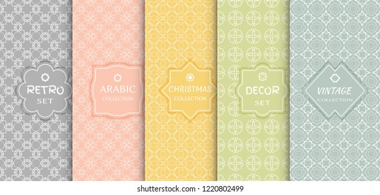Set of seamless line patterns, colored background. Stylish decorative vintage, retro, arabic, christmas label decor set. Abstract geometric frame, vector illustration. Art Deco style, light colors