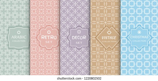 Set of seamless line patterns, colored background. Stylish decorative vintage, retro, arabic, christmas label decor set. Abstract geometric frame, vector illustration. Art Deco style, light colors