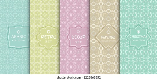 Set of seamless line patterns, colored background. Stylish decorative vintage, retro, arabic, christmas label decor set. Abstract geometric frame, vector illustration. Art Deco style, light colors