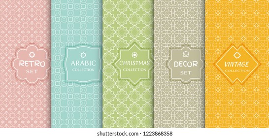 Set of seamless line patterns, colored background. Stylish decorative vintage, retro, arabic, christmas label decor set. Abstract geometric frame, vector illustration. Art Deco style, light colors