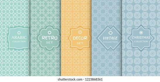 Set of seamless line patterns, colored background. Stylish decorative vintage, retro, arabic, christmas label decor set. Abstract geometric frame, vector illustration. Art Deco style, light colors