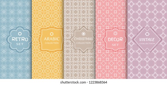 Set of seamless line patterns, colored background. Stylish decorative vintage, retro, arabic, christmas label decor set. Abstract geometric frame, vector illustration. Art Deco style, light colors