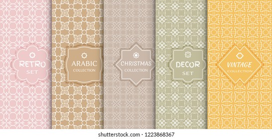Set of seamless line patterns, colored background. Stylish decorative vintage, retro, arabic, christmas label decor set. Abstract geometric frame, vector illustration. Art Deco style, light colors