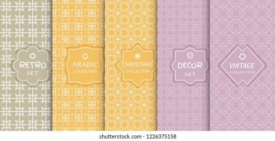 Set of seamless line patterns, colored background. Stylish decorative vintage, retro, arabic, christmas label decor set. Abstract geometric frame, vector illustration. Art Deco style, light colors
