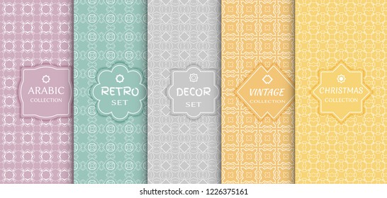 Set of seamless line patterns, colored background. Stylish decorative vintage, retro, arabic, christmas label decor set. Abstract geometric frame, vector illustration. Art Deco style, light colors