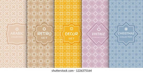Set of seamless line patterns, colored background. Stylish decorative vintage, retro, arabic, christmas label decor set. Abstract geometric frame, vector illustration. Art Deco style, light colors