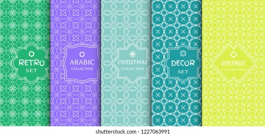 Set of seamless line patterns, colored background. Stylish decorative vintage, retro, arabic, christmas label decor set. Abstract geometric frame, vector illustration. Art Deco style, light colors