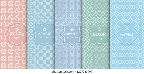 Set of seamless line patterns, colored background. Stylish decorative vintage, retro, arabic, christmas label decor set. Abstract geometric frame, vector illustration. Art Deco style, light colors