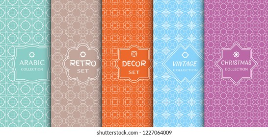 Set of seamless line patterns, colored background. Stylish decorative vintage, retro, arabic, christmas label decor set. Abstract geometric frame, vector illustration. Art Deco style, light colors