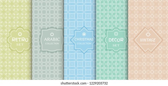 Set of seamless line patterns, colored background. Stylish decorative vintage, retro, arabic, christmas label decor set. Abstract geometric frame, vector illustration. Art Deco style, light colors