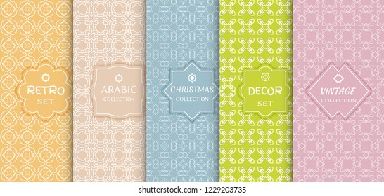Set of seamless line patterns, colored background. Stylish decorative vintage, retro, arabic, christmas label decor set. Abstract geometric frame, vector illustration. Art Deco style, light colors