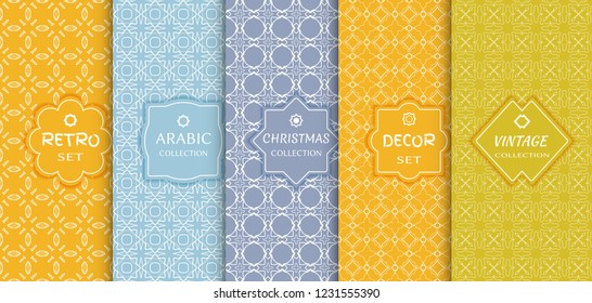 Set of seamless line patterns, colored background. Stylish decorative vintage, retro, arabic, christmas label decor set. Abstract geometric frame, vector illustration. Art Deco style, light colors