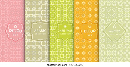Set of seamless line patterns, colored background. Stylish decorative vintage, retro, arabic, christmas label decor set. Abstract geometric frame, vector illustration. Art Deco style, light colors
