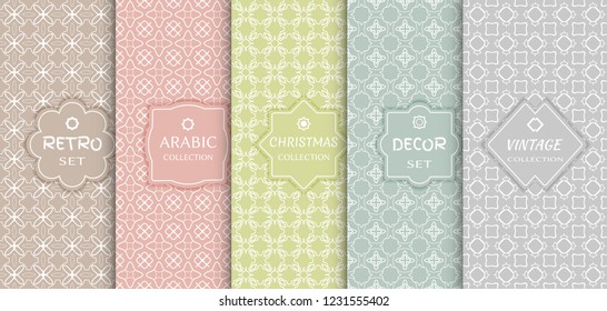 Set of seamless line patterns, colored background. Stylish decorative vintage, retro, arabic, christmas label decor set. Abstract geometric frame, vector illustration. Art Deco style, light colors