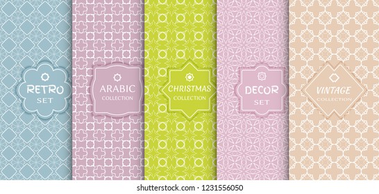 Set of seamless line patterns, colored background. Stylish decorative vintage, retro, arabic, christmas label decor set. Abstract geometric frame, vector illustration. Art Deco style, light colors
