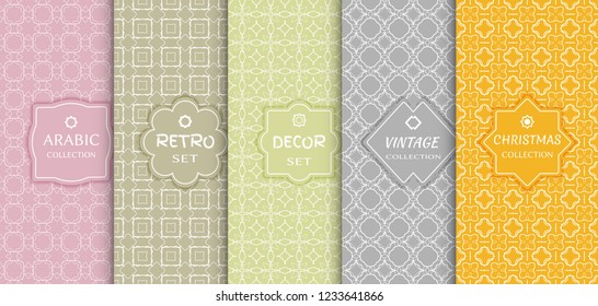 Set of seamless line patterns, colored background. Stylish decorative vintage, retro, arabic, christmas label decor set. Abstract geometric frame, vector illustration. Art Deco style, light colors