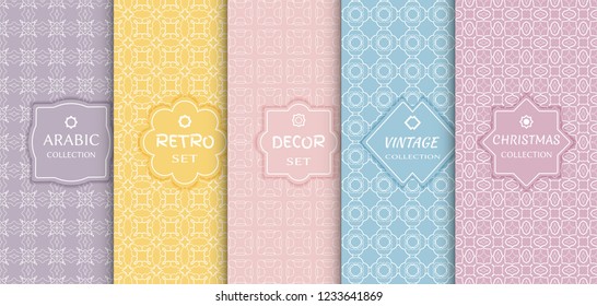 Set of seamless line patterns, colored background. Stylish decorative vintage, retro, arabic, christmas label decor set. Abstract geometric frame, vector illustration. Art Deco style, light colors