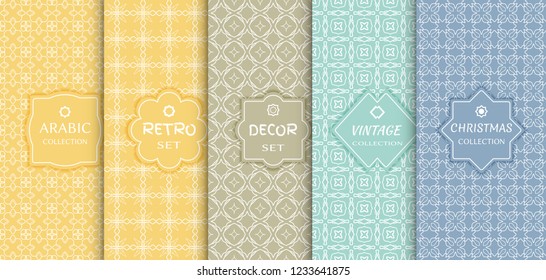 Set of seamless line patterns, colored background. Stylish decorative vintage, retro, arabic, christmas label decor set. Abstract geometric frame, vector illustration. Art Deco style, light colors