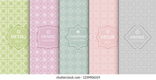 Set of seamless line patterns, colored background. Stylish decorative vintage, retro, arabic, christmas label decor set. Abstract geometric frame, vector illustration. Art Deco style, light colors