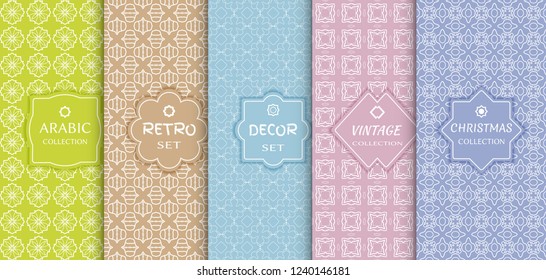 Set of seamless line patterns, colored background. Stylish decorative vintage, retro, arabic, christmas label decor set. Abstract geometric frame, vector illustration. Art Deco style, light colors